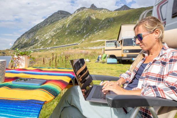 istock Woman travelling by van, working remotely with her laptop 1465522894