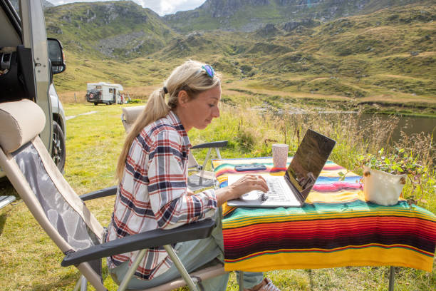 istock Woman travelling by van, working remotely with her laptop 1465522996