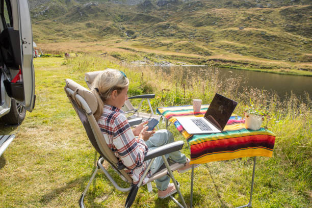 istock Woman travelling by van, working remotely with her laptop 1465523010