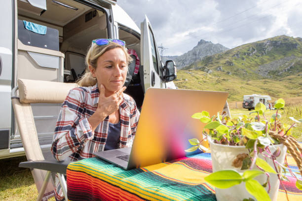 istock Woman travelling by van, working remotely with her laptop 1465523061