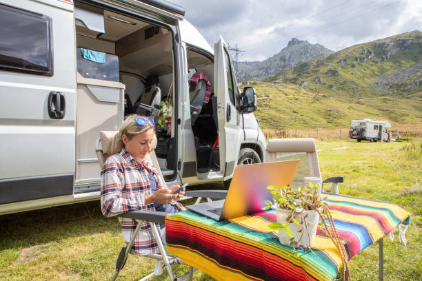 istock Woman travelling by van, working remotely with her laptop 1465523089