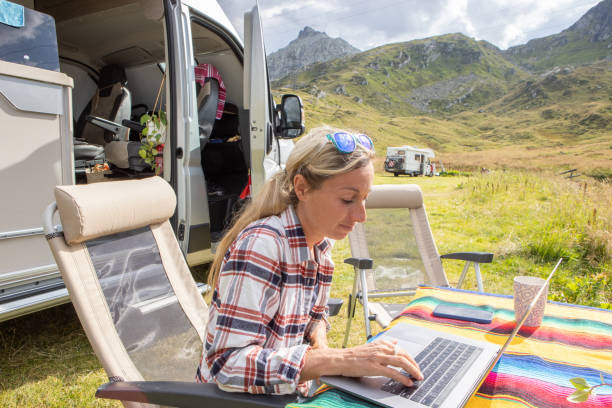 istock Woman travelling by van, working remotely with her laptop 1465523122