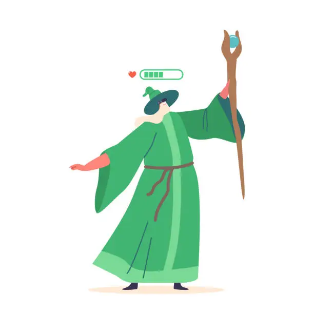 Vector illustration of Wizard In Virtual Reality Massively Multiplayer Online Role-playing Game. Isolated Sorcerer Wear Green Robe And Hat