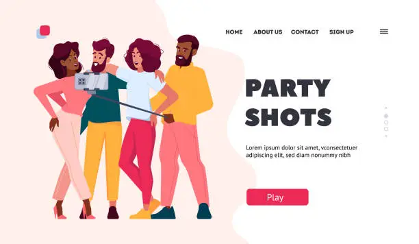 Vector illustration of Party Shots Landing Page Template. Group Of Friends Taking Selfie, Smiling, Holding Camera. Men And Women Together