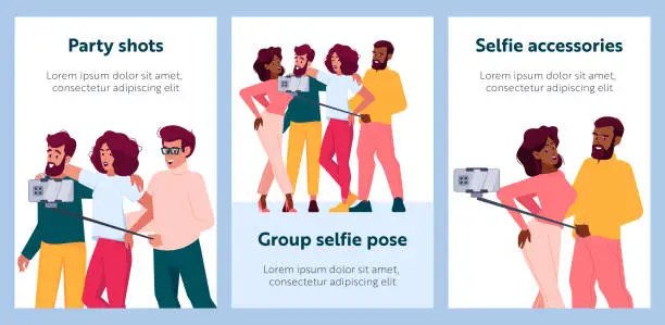 Vector illustration of Cartoon Banners With Group Of Friends Taking Selfie. Diverse People With Happy Faces Standing Together Holding Camera