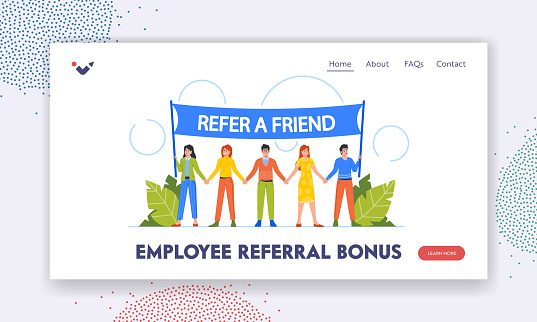Employee Referral Bonus Landing Page Template. Group Of Diverse People Standing Together Holding Hands and Large Banner That Reads Refer A Friend. Referral Programs Promo. Cartoon Vector Illustration