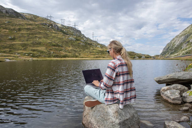 istock Woman sitting on a rock on lake shore uses laptop computer 1465523809