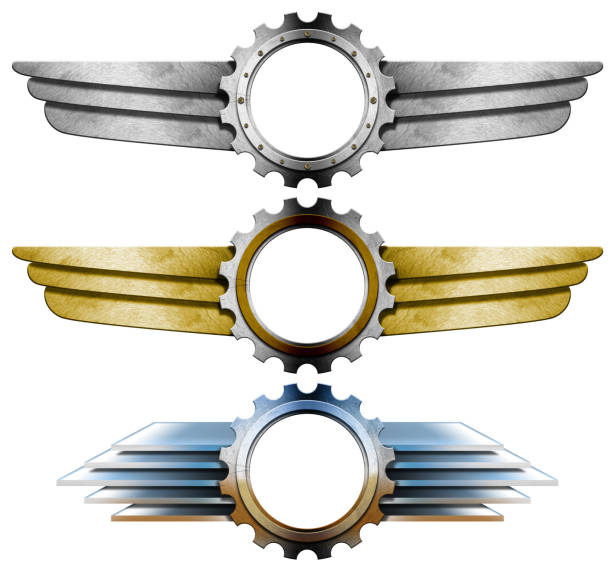 istock Metal Winged Logos with Gears Isolated on White Background 1465523839