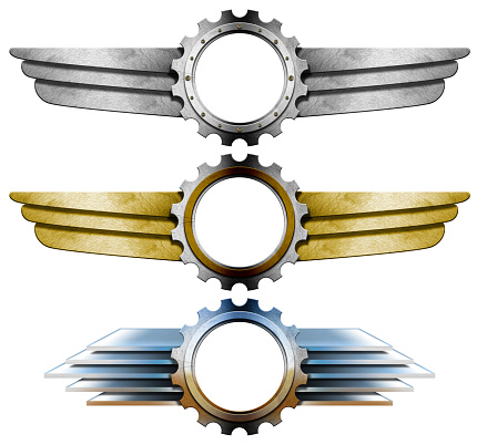 Collection of three metal winged logos with gears (cogwheels), isolated on white background with copy space, 3D illustration.