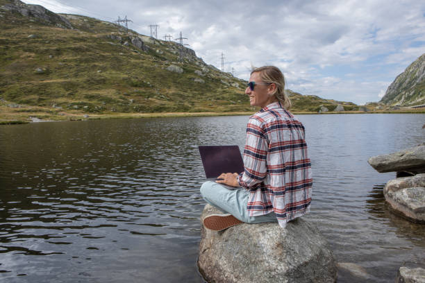 istock Woman sitting on a rock on lake shore uses laptop computer 1465523844