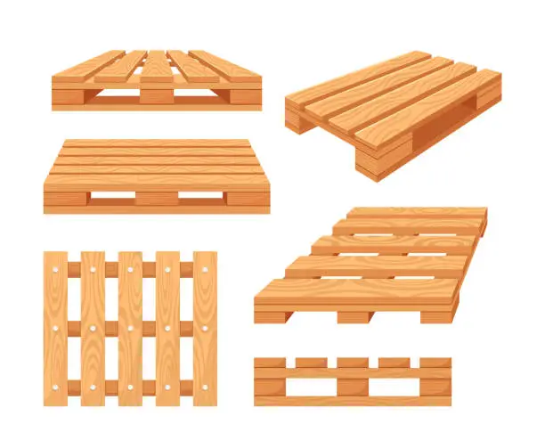 Vector illustration of Set Of Wooden Pallets Front, Top, Angle View. Storehouse Equipment For Loading And Transporting Freight