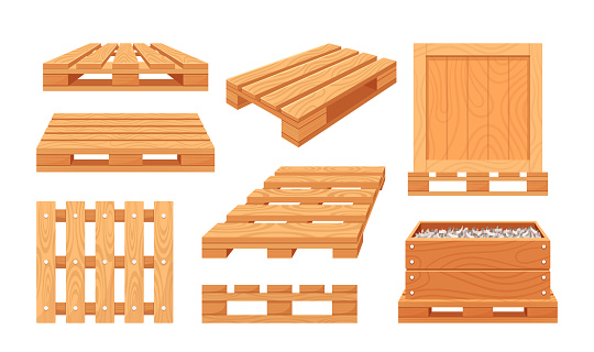 Set of Wooden Pallets Freight, Delivery And Warehousing Service Equipment. Wood Trays in Different Positions To Transport Cargo And Facilitate Delivery and Loading. Cartoon Vector Illustration