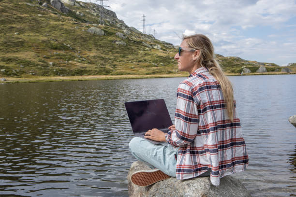istock Woman sitting on a rock on lake shore uses laptop computer 1465523973