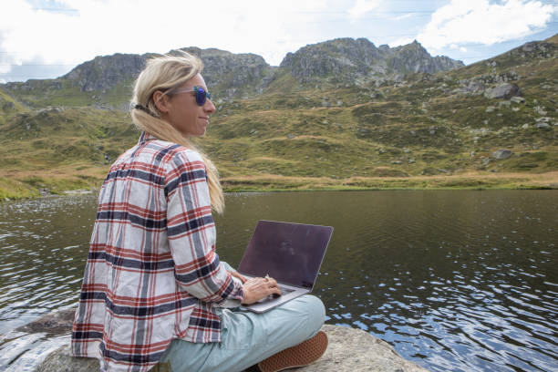 istock Woman sitting on a rock on lake shore uses laptop computer 1465524237