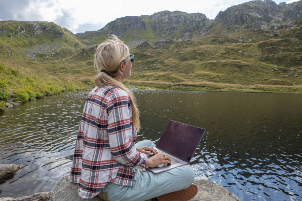 istock Woman sitting on a rock on lake shore uses laptop computer 1465524257