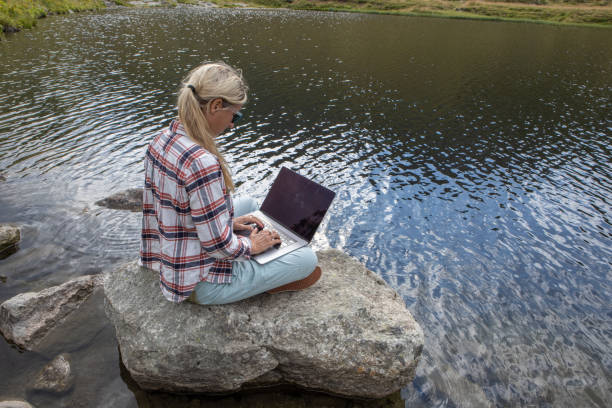 istock Woman sits on rock using laptop by the lake, remote working 1465525145