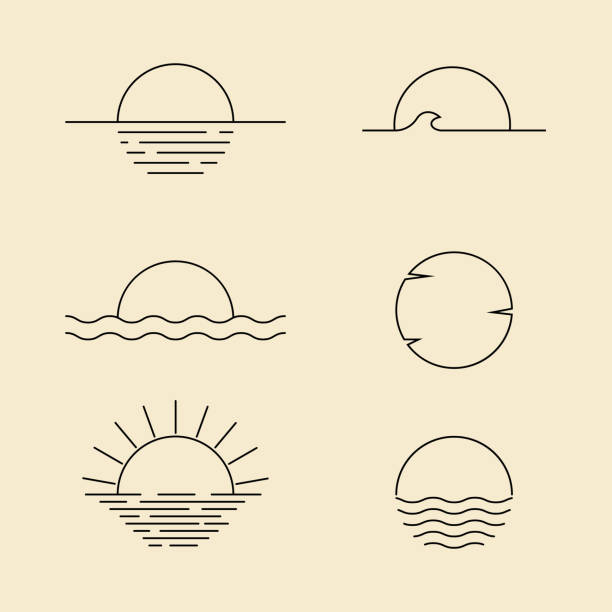 illustrazioni stock, clip art, cartoni animati e icone di tendenza di insieme di sole minimalista linea art emblema icona modello vettoriale illustrazione disegno - city of sunrise immagine