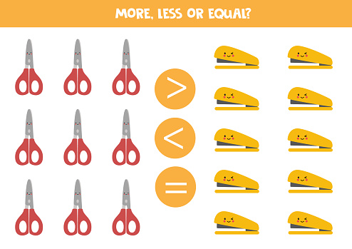 More, less, equal with cartoon scissors and staplers. Math game.