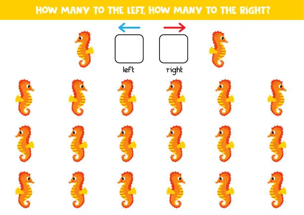 Vector illustration of Left or right with cute seahorse. Logical worksheet for preschoolers.