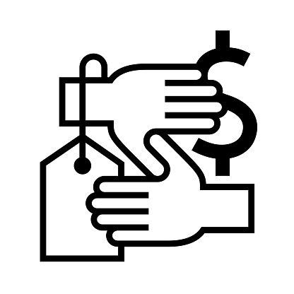 Single color isolated icon of a hand exchanging a product label for a dollar sign held by another hand