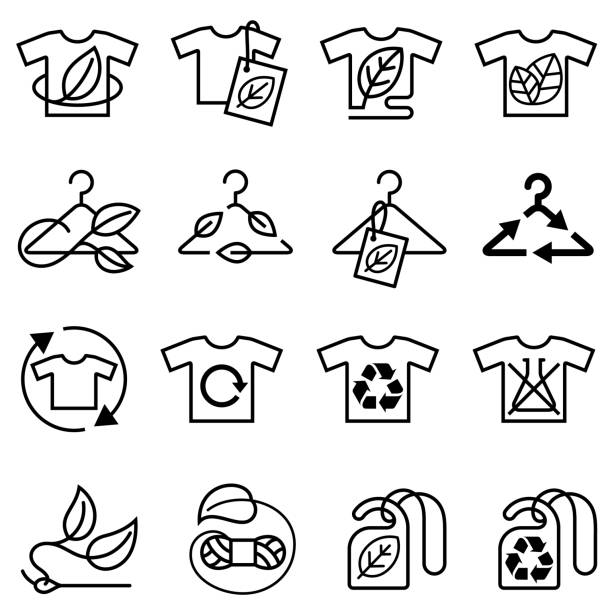устойчивая мода - набор икон медленной моды - label textile shirt stitch stock illustrations