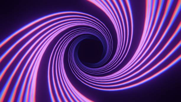 istock Concept tunnel rotate wave. Futuristic Sci-Fi Modern Empty Stage Reflective Concrete Room With Purple And Blue Glowing Neon Tubes Shape Empty Space Wallpaper Background 3D Rendering Illustration 1465529826