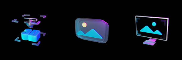 3D printing, image and screen icon set on black background illustration on the theme of graphic design development