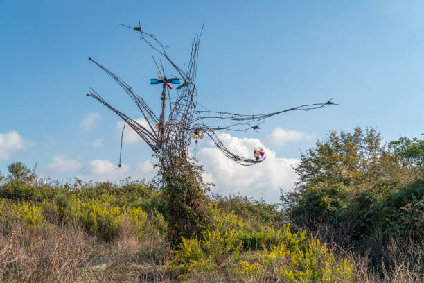 Tree-like sculpture near Bussana Vecchia, a former ghost town of the Liguria region in Italy