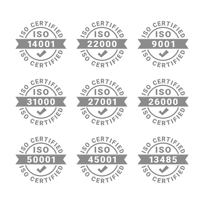 9001, 50001 certificate badge vector icons