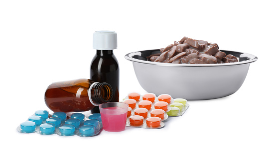 Wet pet food in feeding bowl, syrup and vitamin pills on white background