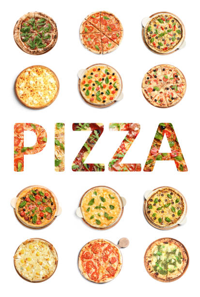 istock Set with different tasty pizzas and word on white background, top view 1465531001