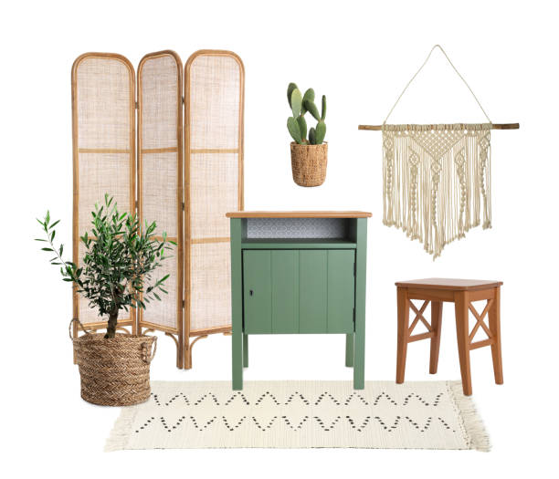 istock Stylish interior design. Different decorative elements and furniture on white background. Mood board collage 1465531800