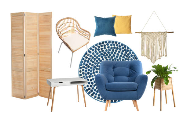 istock Stylish interior design. Different decorative elements and furniture on white background. Mood board collage 1465531816