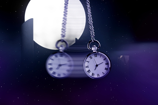 Hypnosis session. Vintage pocket watch with chain swinging against mystical sky on a full moon, motion effect