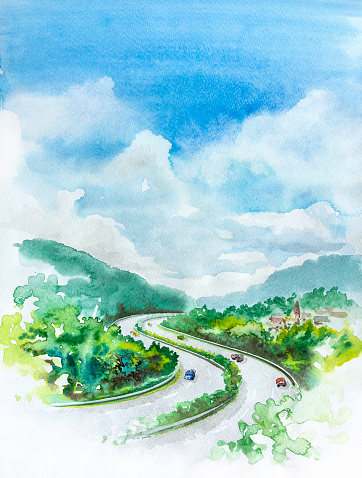 Watercolor painting of a idyllic landscape including a highway and a village at summer time