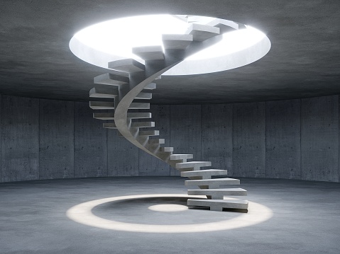 spiral staircase in concrete space, 3d rendering