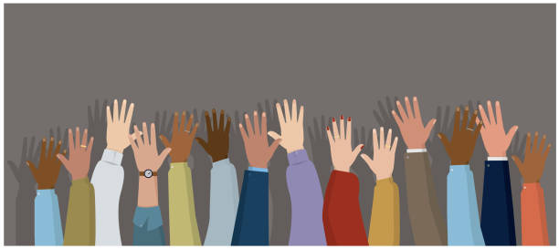 istock Panoramic illustration showing raised hands of men and women. Voting, freedom and diversity concept. On gray background 1465532373
