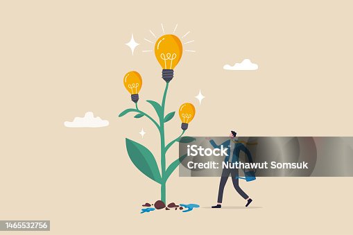 istock Planting new idea, growing business development, progress or growth strategy, solution, learning, education or creativity concept, smart businessman watering seedling grow high with lightbulb ideas. 1465532756