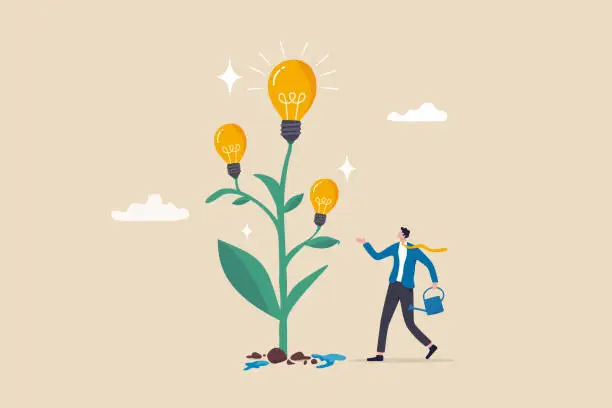 Vector illustration of Planting new idea, growing business development, progress or growth strategy, solution, learning, education or creativity concept, smart businessman watering seedling grow high with lightbulb ideas.