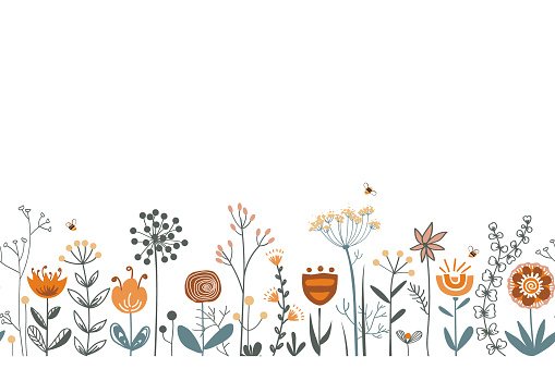 Fairy flowers and herbs border in Scandinavian style, seamless vector pattern. Doodle flower meadow background with honey bees. Design for fabric, cards, wallpaper, home decor, craft packaging