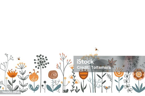istock Fairy flowers and herbs border in Scandinavian style, seamless vector pattern. Doodle flower meadow background with honey bees. Design for fabric, cards, wallpaper, home decor, craft packaging. 1465532846