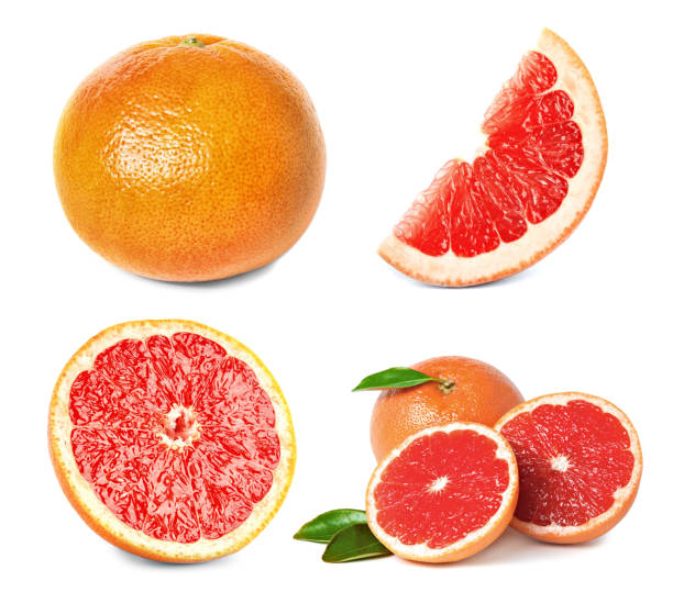 istock Set with whole and cut ripe juicy grapefruits on white background 1465533146