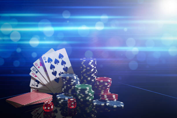 istock Casino chips, dice and playing cards on dark background, space for text. Full house poker combination 1465533264
