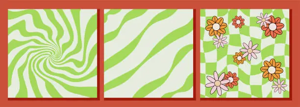 Vector illustration of Three groovy templates, green backdrops with distorted spiral, diagonal lines and chess board