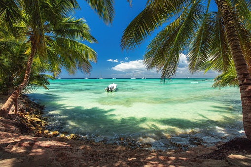 Beautiful caribbean sea and speed boat on the beach shore, panoramic view from the beach. Saona island, Dominican Republic