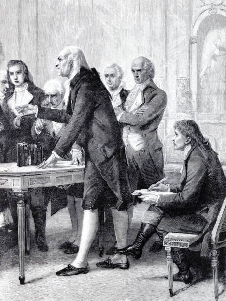 1800년 나폴레옹에게 배터리를 선물하는 알레한드로 볼타 - alejandro meerapfel stock illustrations