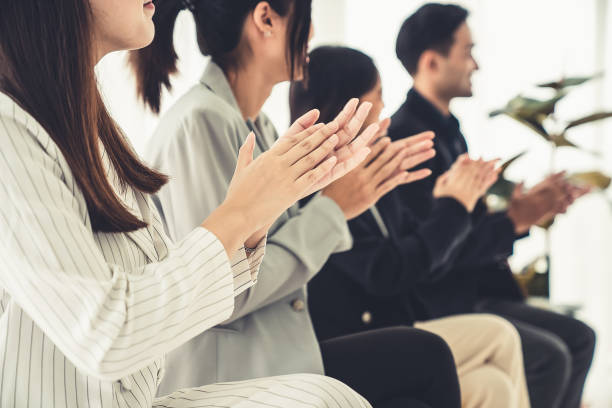 istock Businesswoman proficiently present work project receive celebrations from team . Corporate business team collaboration concept . 1465534865