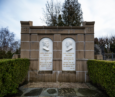 Tombstone for C.F. Tietgen and his wife Laura in Lyngby Church cemetery. Tietgen (1829-1901) was a very influential 19th century Danish banker and industrialist