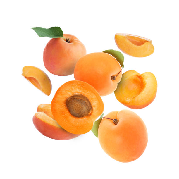 istock Delicious ripe sweet apricots falling on white background 1465534982