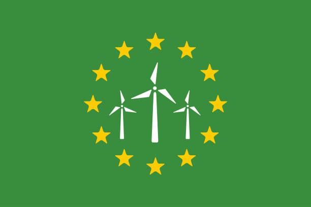 녹색 유럽 연합 깃발 bakground에 풍력 전기 에너지의 상징. 재생 가능한 지속 가능한 에너지 - europe european community star shape backgrounds stock illustrations